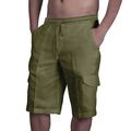 Detail of olive green cargo shorts featuring elastic drawstring waist and large flap pockets - M / Green