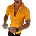 Orangefarbenes Herren-Kapuzen-T-Shirt mit Reißverschluss und texturiertem Karomuster Stoff - S / Kurzarm-Oberteil / Gelb