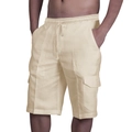 Men's beige cotton linen cargo shorts with drawstring elastic waist and side pockets - M / Khaki