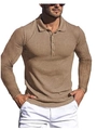 Detailansicht der Rippstruktur und des Polokragens bei diesem braunen Strickhemd für Herren - Khaki