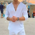 Chemise décontractée en coton blanc à col en V pour homme, coupe ample en bord de mer - S / Hauts / Blanc