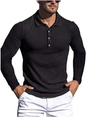 Detailed view of the black ribbed knit fabric and three buttons on this slim fit polo shirt - S / Tops / Black