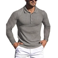 Detail of grey men's slim fit polo shirt featuring vertical ribbed knit texture and three buttons - S / Tops / Gray