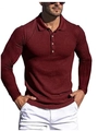 Detailed close-up of dark red ribbed knit texture on long sleeve slim fit polo shirt - S / Tops / Dark Red