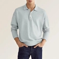 Close-up of a light blue long-sleeve knit Polo shirt featuring a three-button placket detail - Light Gray
