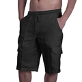 Men's black cargo beach shorts with drawstring waist and large side flap pockets - M / Black