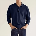 Detail of navy blue long sleeve polo shirt showing premium fabric texture and button collar - Navy Blue