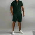 Detailed close-up of men's forest green zip-neck polo shirt and matching shorts set - S / Top And Bottom / Dark Green