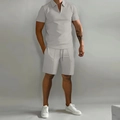 Detail of light grey zipper polo shirt and drawstring shorts in breathable knit fabric - S / Top And Bottom / Gray