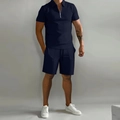 Men's navy blue casual short sleeve zip Polo and drawstring shorts two-piece knit set - S / Top And Bottom / Navy Blue