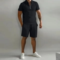 Conjunto deportivo de verano negro para hombre con polo de cremallera y pantalones cortos - S / Negro