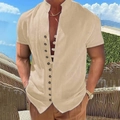 Herren Kurzarmhemd aus Baumwolle und Leinen mit Stehkragen und Knöpfen im Retro-Stil - Khaki