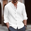 Camisa informal para hombre en algodón lino blanco con cuello henley y manga larga retro - S / Tops / Blanco