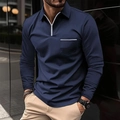 Detail of navy blue long sleeve polo shirt featuring silver zipper and chest pocket - S / Navy Blue
