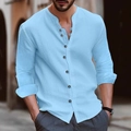 Camisa retro de lino para hombre en azul cielo con cuello Henley casual y detalle de botones - Azul cielo
