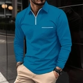 Detail of light blue long sleeve polo shirt with zipper collar and chest pocket striping - S / Sapphire Blue