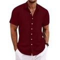 Men's vertical striped short sleeve shirt in dark red linen blend fabric - S / Dark Red
