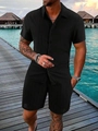 Detail von Herren Set aus schwarzem Kurzarmhemd und Shorts mit vertikaler Streifenstruktur - S / Oberteil Und Unterteil / Schwarz