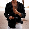 Close-up of men's black linen shirt with single-breasted collar for summer beach vacation - Black