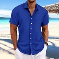 Camicia da uomo blu in cotone e lino a maniche corte a righe su una spiaggia soleggiata - S / Blu Reale