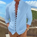 Herren Vintage Freizeithemd aus Baumwolle und Leinen mit Stehkragen in Himmelblau - Hellblau