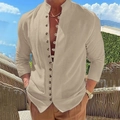 Men's vintage cotton linen long sleeve shirt with stand collar in beige outdoor setting - S / Khaki