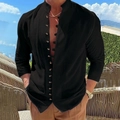 Detail of men's vintage black cotton linen shirt featuring a unique mandarin collar and multi-buttons - S / Black