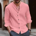 Camisa henley de algodón y lino rosa para hombre con cuello de botones y manga larga - S / Tops / Rosa