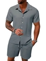 Detail von grauem Herren-Set mit geripptem Hemd und Shorts, Stoffstruktur und Kordelzug - S / Oberteil Und Unterteil / Grau