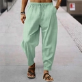 Detail der hellgrünen Herren-Leinenhose mit Kordelzug am Bund und vertikalen Streifen - Hellgrün