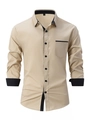 Men's slim fit long sleeve shirt in beige with black contrast trim and chest pocket - S / Khaki