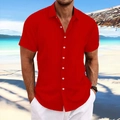 Detail of red men's cotton linen shirt showing vertical stripe texture and white buttons - S / Red