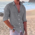 Detailed close-up of dark grey cotton linen men's shirt fabric and classic collar - S / Tops / Gray
