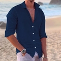 Detail of slim fit dark blue linen shirt with contrasting white buttons on the beach - S / Tops / Navy Blue