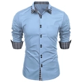Slim fit long sleeve shirt for men in sky blue with plaid contrast collar and cuffs - S / Light Blue