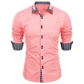 Slim fit pink men's casual long sleeve shirt with stylish black and white checkered accents - S / Pink