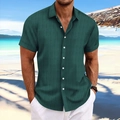 Close-up of dark green men's striped shirt fabric with white buttons and collar details - S / Dark Green