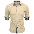 Men's slim-fit long-sleeve khaki business casual shirt with stylish plaid patchwork details - S / Khaki