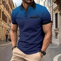 Close-up of navy gradient dot pattern and rib-knit collar detail on men's polo shirt - S / Blue