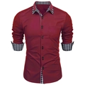 Men's slim fit burgundy business shirt with stylish checkered collar and cuff lining - S / Burgundy
