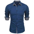 Detail of slim-fit navy blue shirt showing gingham pattern inside collar and cuffs - S / Navy Blue