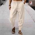 Men's relaxed fit beige linen striped trousers with drawstring elastic waistband - Apricot
