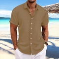 Detailed texture of khaki cotton linen striped short sleeve shirt on beach setting - S / Khaki