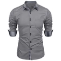 Detail of slim fit grey shirt featuring black and white plaid trim and double button placket - S / Gray