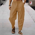 Detail der khakifarbenen gestreiften Leinenhose mit elastischem Kordelzug und Seitentaschen - Khaki