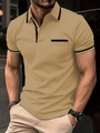 Detail view of khaki men's polo shirt with black contrast trim and single chest pocket - S / Khaki