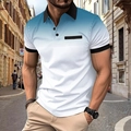 Men's short sleeve polo shirt with blue gradient print and black collar in city street - S / White