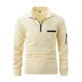 Herren Slim-Fit Langarm-Sport-Poloshirt in Beige mit schwarzem Arm-Reißverschluss-Detail - Aprikose