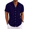 Dettaglio della trama a costine blu scuro e bottoni bianchi su camicia estiva uomo - S / Blu navy