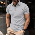 Close-up of men's slim fit polo shirt with 1/4 zipper detail in light grey color - S / Tops / Gray